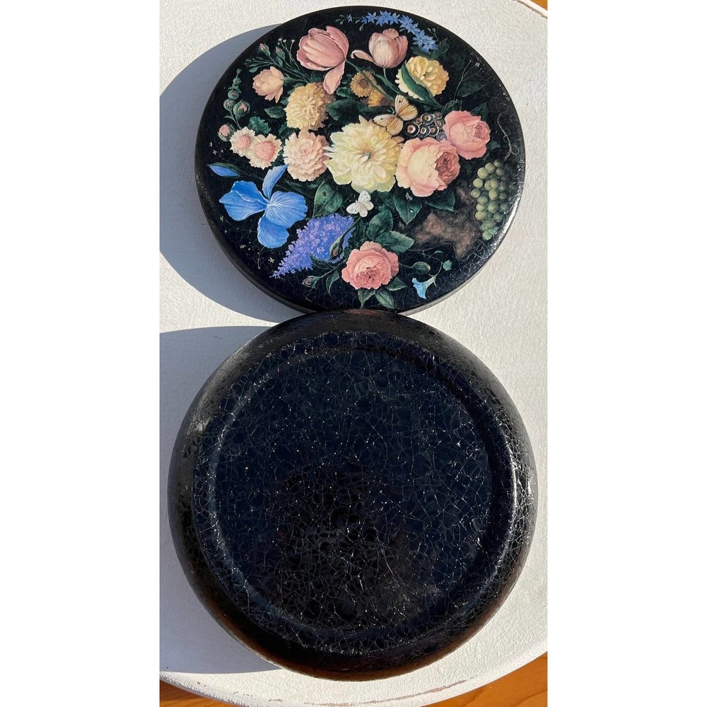 Hand-painted Black Floral lacquer box Vintage Tin Tole Trinket Bowl with Cover